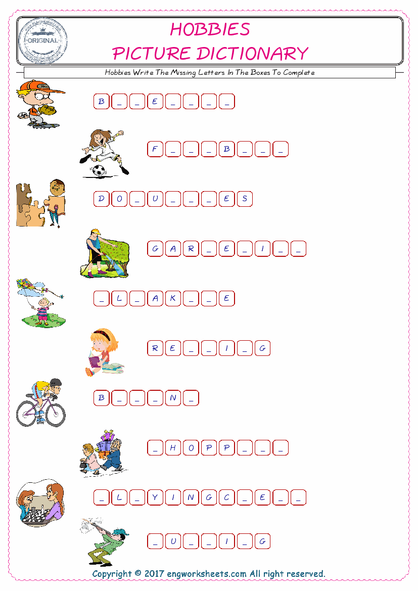  Type in the blank and learn the missing letters in the Hobbies words given for kids English worksheet. 